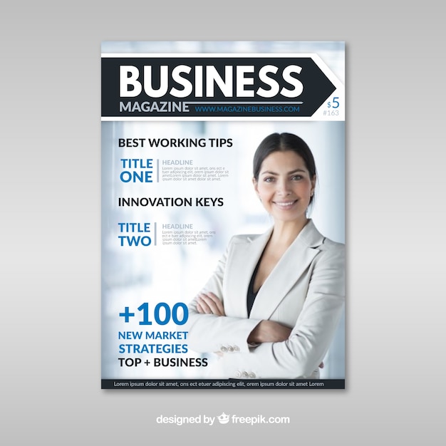 Business magazine cover template with model\
posing