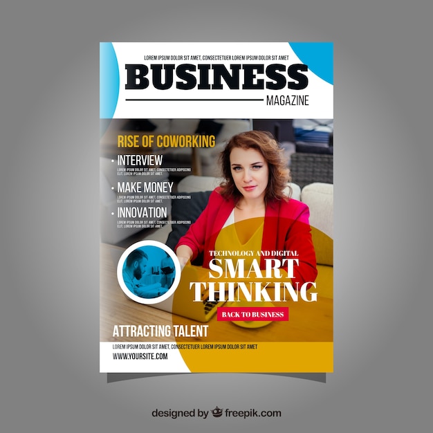 Business magazine cover template with model
posing