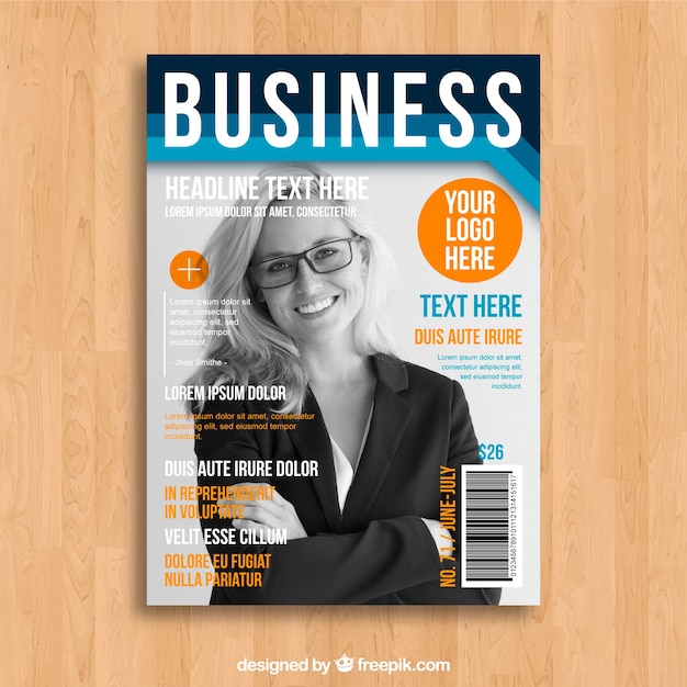 Business magazine cover template with model\
posing