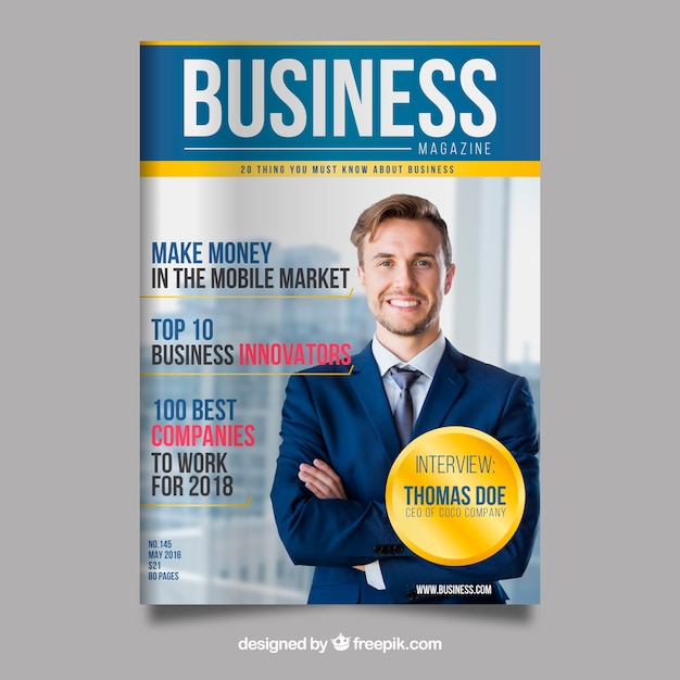  Business magazine cover template  with photo Vector Free 