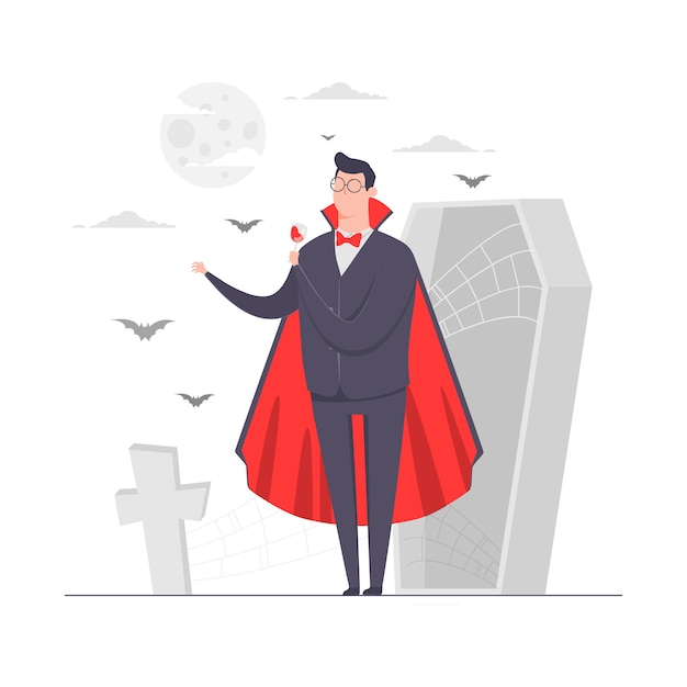ビジネスマンキャラクターコンセプトイラスト吸血鬼飲む血ハロウィーン怖い棺墓地 プレミアムベクター