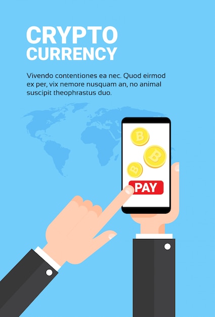 Business man hand holding smart phone pay with bitroins exchange mobile banking crypto currency technology concept Premium Vector
