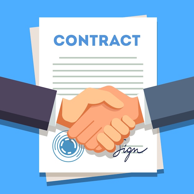 Business man shaking hands over a signed contract Free Vector