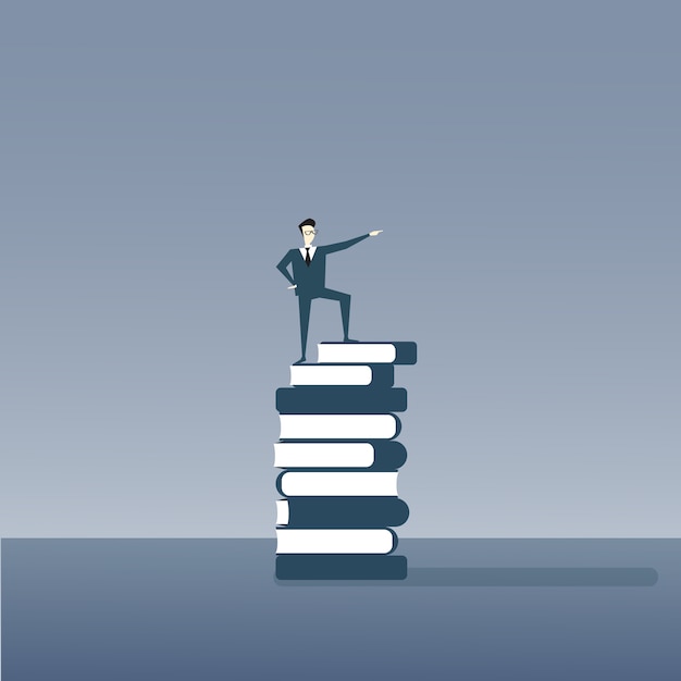 Premium Vector | Business man standing on books stack