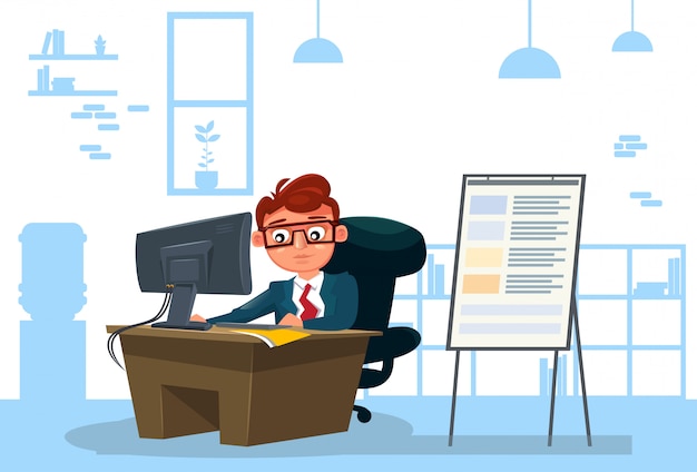 Business Man Working On Computer Sit At Desk Over Office Vector