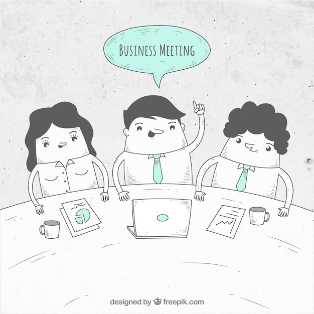 Business meeting scene with hand drawn\
characters