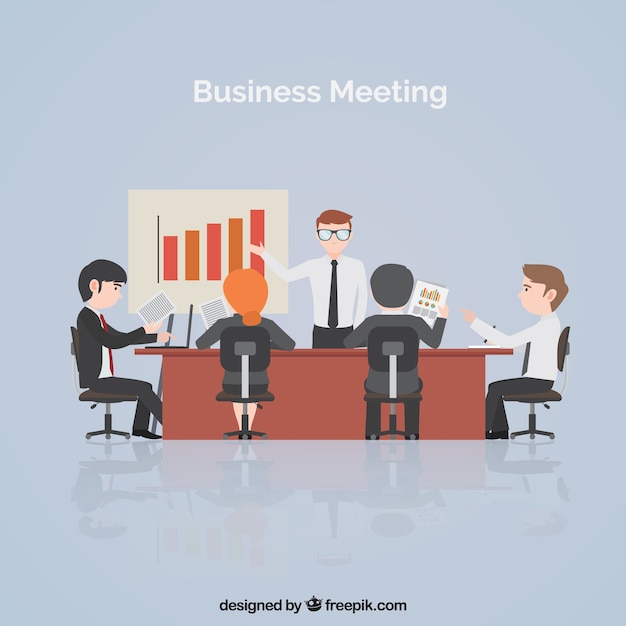 Business meeting scene with statistics