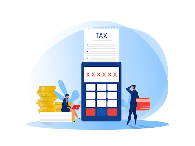 税金のフラットイラストのドキュメントを計算するビジネスマン プレミアムベクター