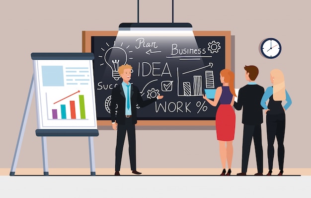 Business people and chalkboard with business plan graphics Premium Vector