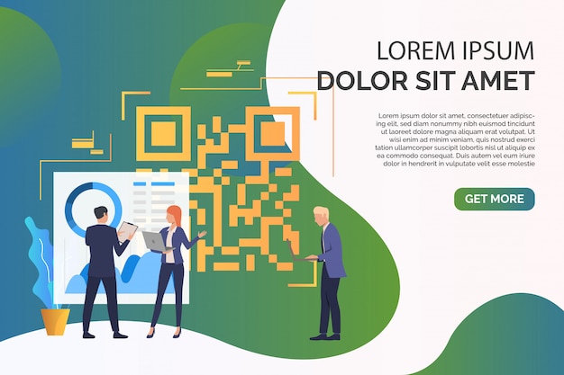 Business people discussing issues, big qr code with sample text Free Vector