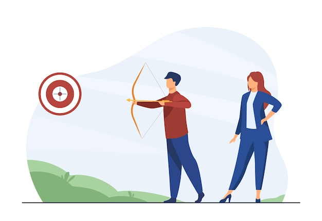 Business people focused on goal. colleagues with archery aiming at target. cartoon illustration Free Vector