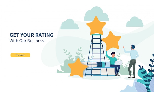 Business people looking for rating with flat design and landing page Premium Vector