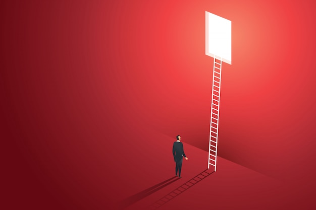 Business people vision climbing ladder through hole on wall red solution opportunities creative conc