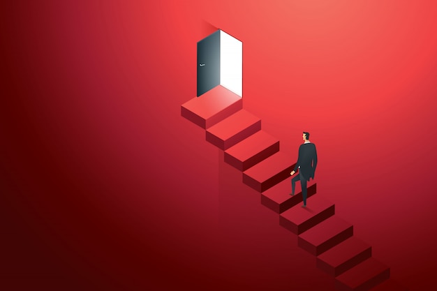 Business person climbing on concrete ledder at door black on wall red up path ladder to goal success
