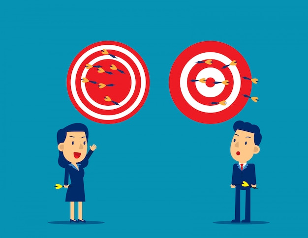 Business person throwing darts at dart board Premium Vector