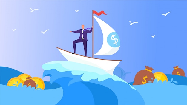 Business ship with man in sea,  illustration. businessman magaer character in boat look for money an