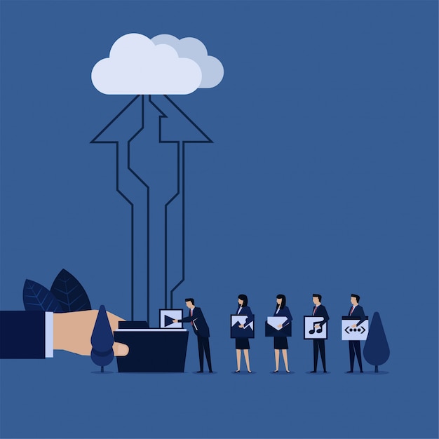 Business team put content website to folder upload on cloud. Premium Vector