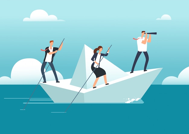 Premium Vector | Business team with leader sailing on paper boat in ...