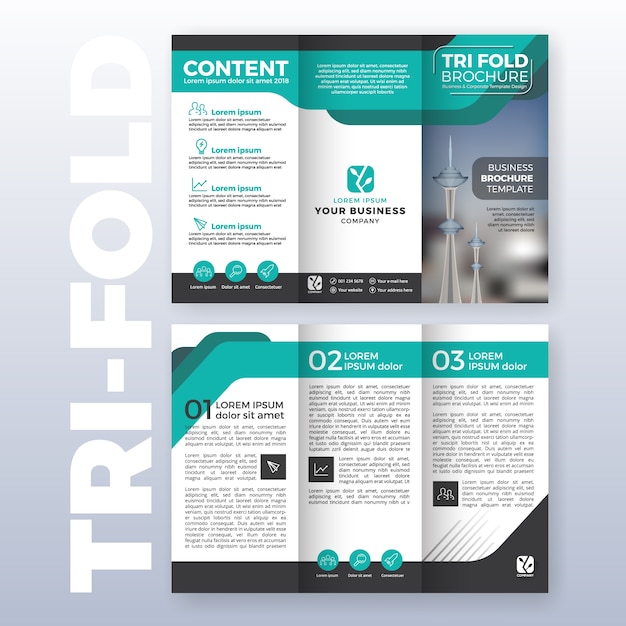 Free Vector Business Tri Fold Brochure Template Design With Turquoise Color Scheme In Size Layout With Bleeds