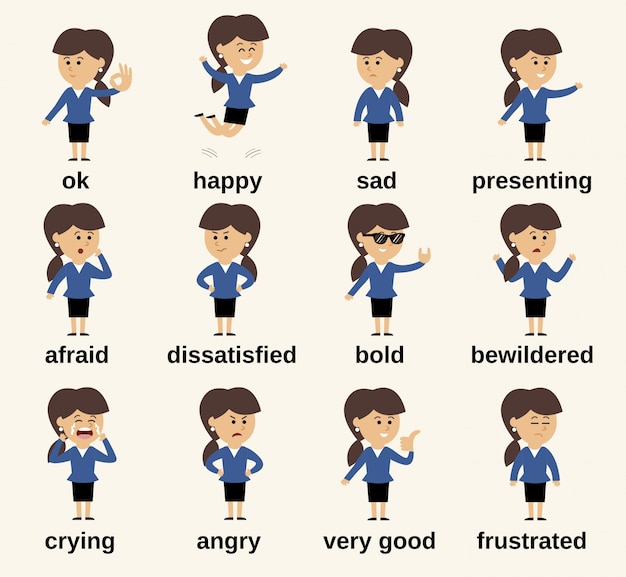 Business woman cartoon character happy and sad
emotions set isolated vector illustration