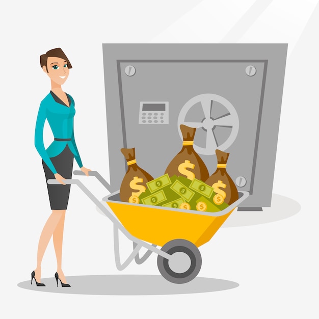 Premium Vector | Business woman depositing money in bank in safe.