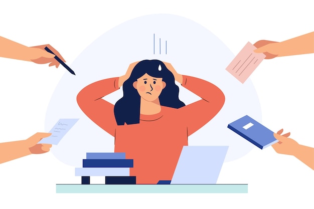A business woman is holding her hair under stress during work. hand drawn style vector design illustrations. Free Vector