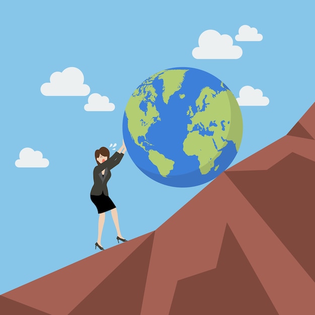 Premium Vector | Business woman pushing the world uphill