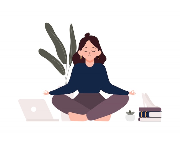 Business woman sitting in padmasana lotus pose. office worker meditating, relaxing or doing yoga after stress and hard work day illustration Premium Vector