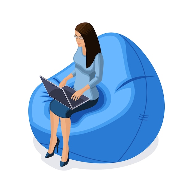 ガジェット ノートパソコンの後ろに働いて イラスト 快適な椅子に座っている若い起業家を持つ女性実業家 プレミアムベクター