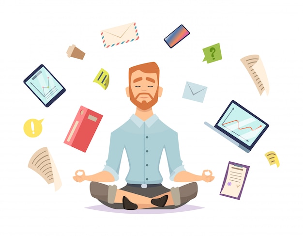 Business yoga . office zen relax concentration at workspace table yoga practice Premium Vector