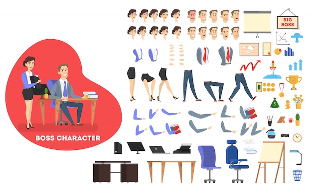 Businessman boss character in suit and manager set for animation with various views, hairstyle, emot