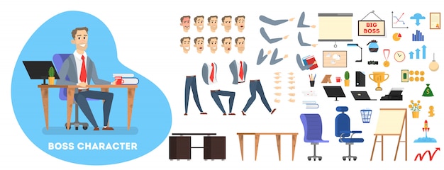  Businessman boss character in suit set for animation with various views, hairstyle, emotion, pose a