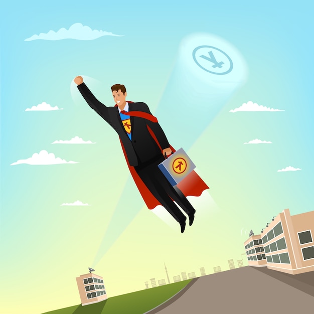 ビジネススーツのビジネスマンキャラクターとブリーフケースがスーパーヒーローとして空を飛んでいます ビジネスイラスト プレミアムベクター