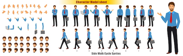Businessman character model sheet with walk cycle animation sprites sheet Premium Vector