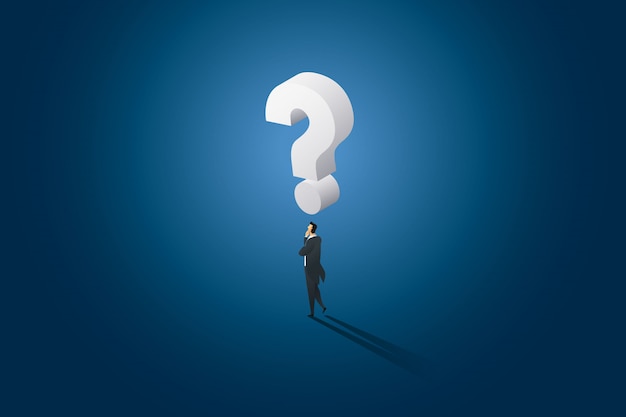 Businessman decision standing thinking and has huge question mark on top head. Premium Vector