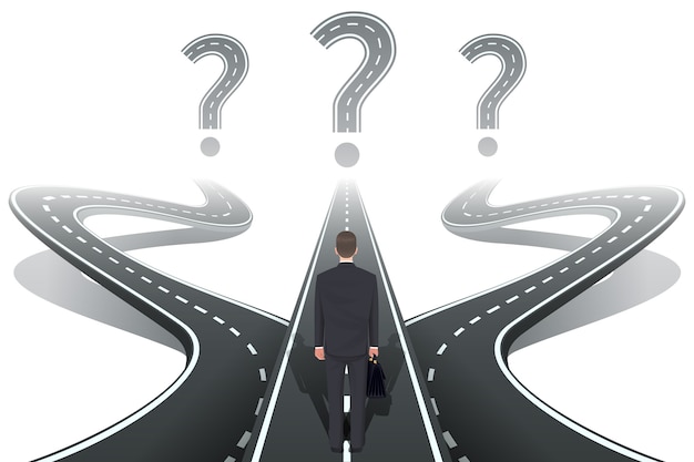 Businessman in front of question with roads. Free Vector