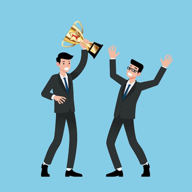 Premium Vector | Businessman holding number one gold trophy with his team