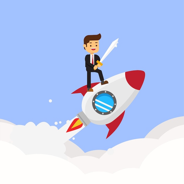 Premium Vector | Businessman holding sword on the jet rocket