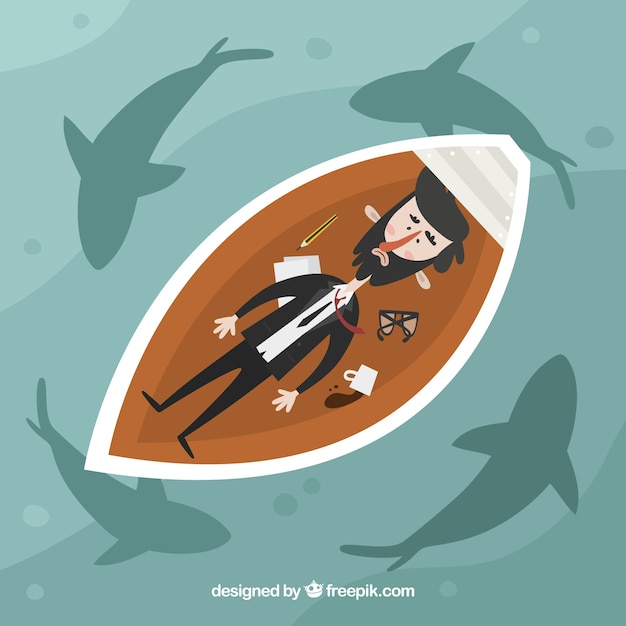 Businessman in a boat surrounded by\
sharks