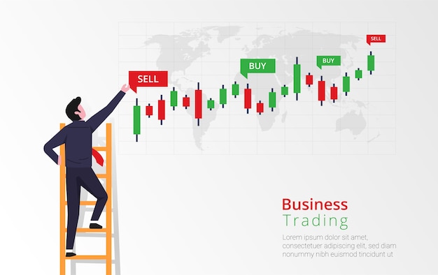 Premium Vector Businessman Is Climbing A Ladder Aim To View And Analyze Bar Chart Investment Buy And Sell Indicators On The Candlestick Chart Graphic Business Trading Illustration