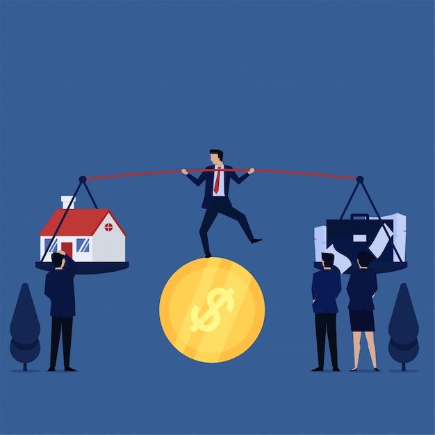 Businessman juggling act above coin confuse between home and work. Premium Vector