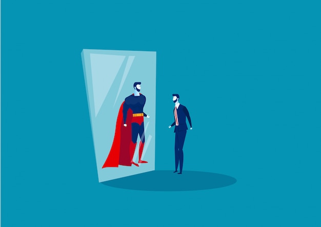 Businessman looks in the mirror and sees a superhero. Premium Vector