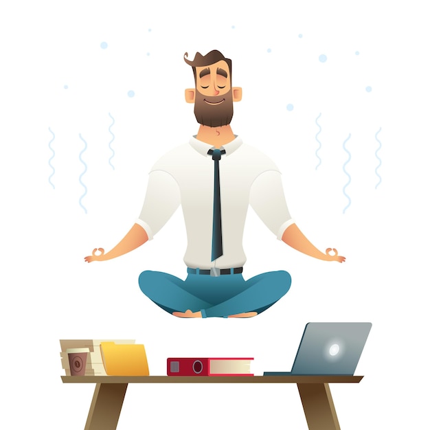 Premium Vector | Businessman meditates and hovers over workplace ...