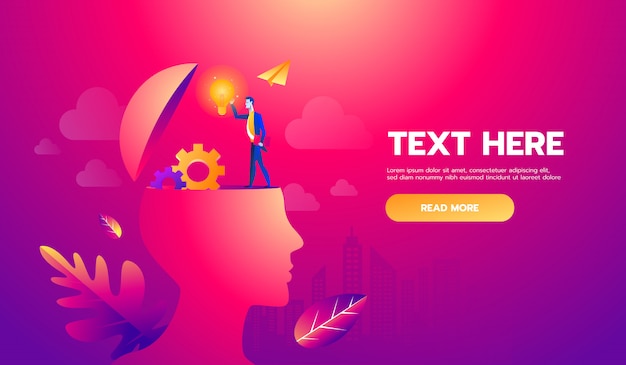 脳のアイデアで頭の上のビジネスマン イラストeps10ファイル 別々のレイヤーとコピースペースにテキストとテクスチャ プレミアムベクター
