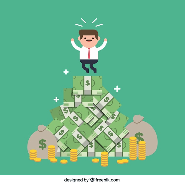 Businessman on the top of money mountain