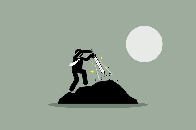 エクスカリバーの剣を岩から引き抜くビジネスマン イラストは 運命 成功 見通し 可能性 選ばれたもの そして運命の概念を描いています プレミアムベクター