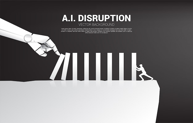 Businessman push the domino to fight with robot hand. business concept of disruption of a.i. to make the domino effect. Premium Vector