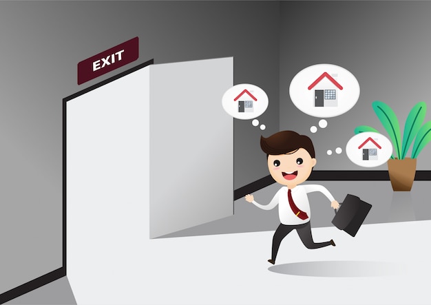Businessman Running Exit Door Sign He Get Off Work Premium Vector