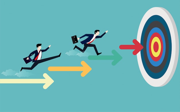 Businessman running on stairs arrow pointing to the target Premium Vector