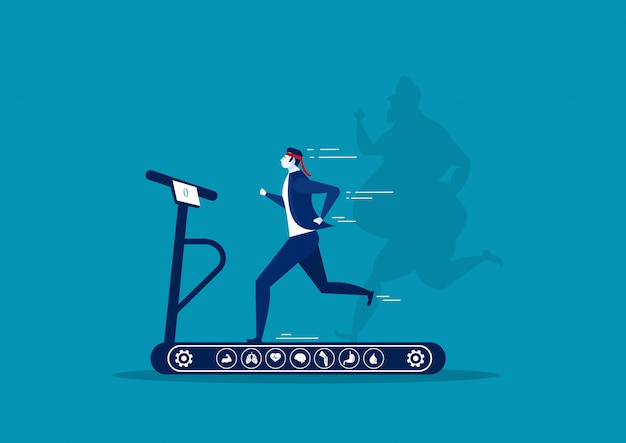 Businessman Running On Treadmill With Shadow Oversize Fat Guy Weight Loss With Heath Icon On Blue Ba